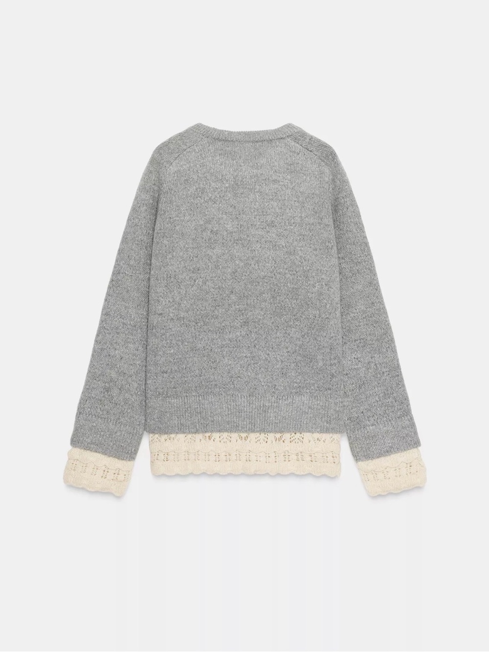 Zara Gray Crewneck Sweater with Cream Lace Hem